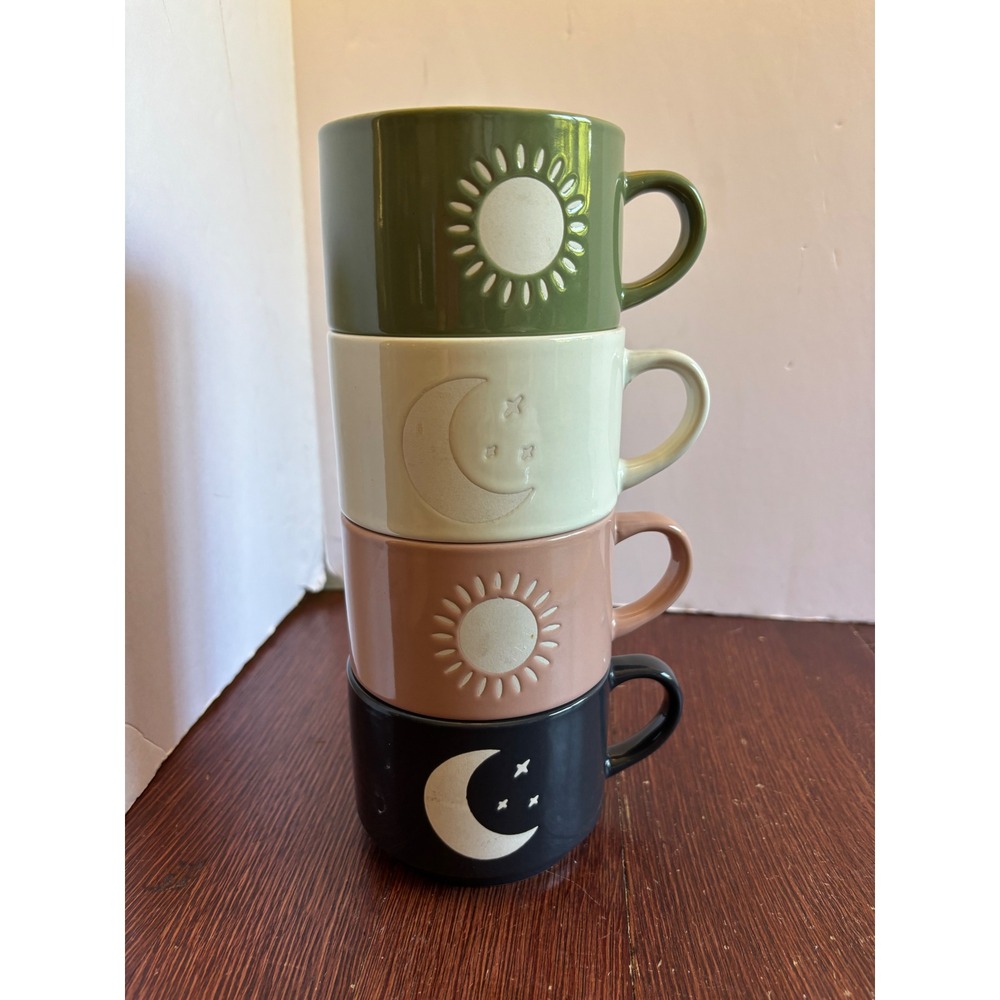Thyme & Table Stackable Stoneware Mugs Set of 4‎ Sun Moon Celestial Boho Multi